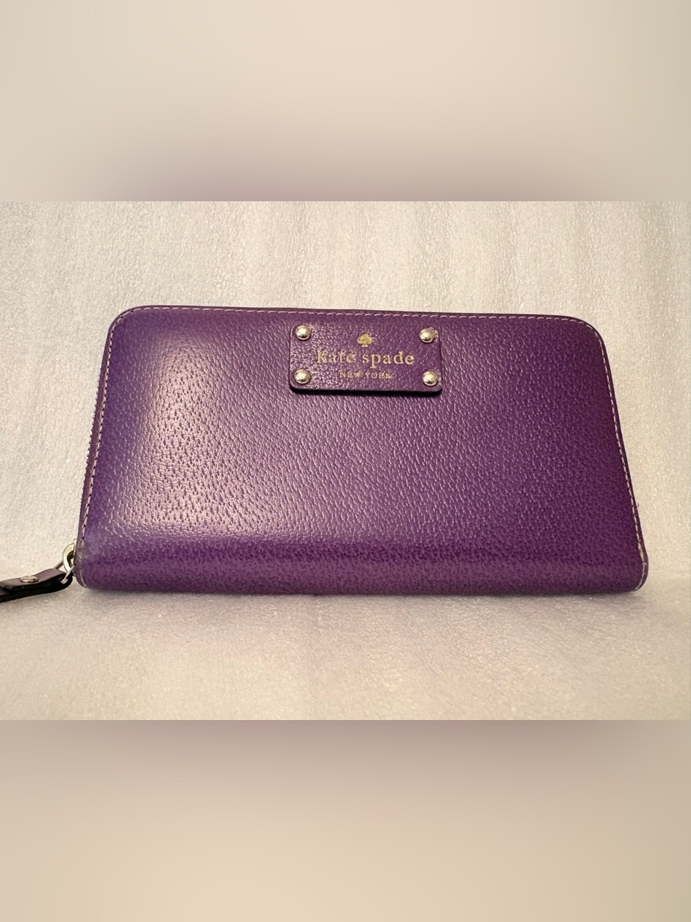 Kate Spade NY Plum Berry Leather Continental Zip Around Wallet Polka Dot Lining